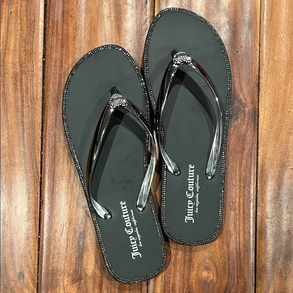 Juicy Couture Black Rhinestone Flip Flop Sandals